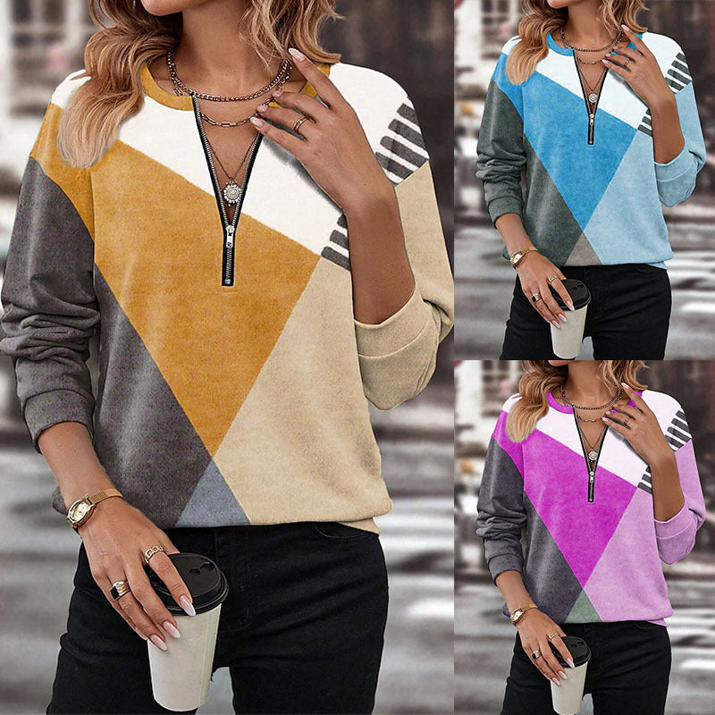Women Sporty Sweatshirt with Half Zipper and Trendy Contrast Design Ivyshape