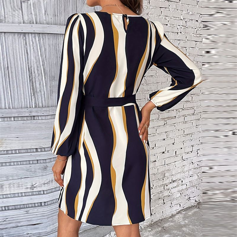 IvyShape | Multicolor Striped Round Neck Belted Long Sleeve Dress