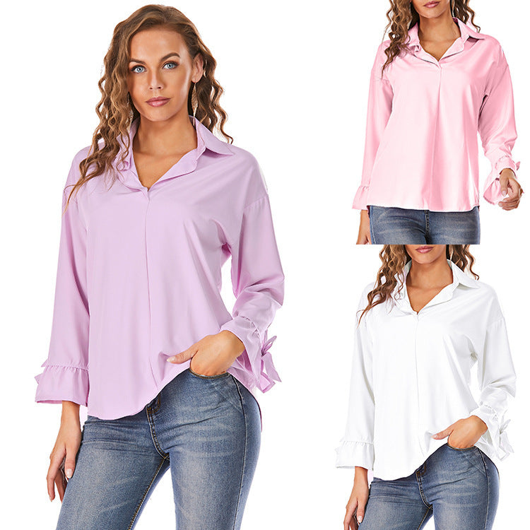 IvyShape | Solid Color Bell Sleeve Plus Size Shirt