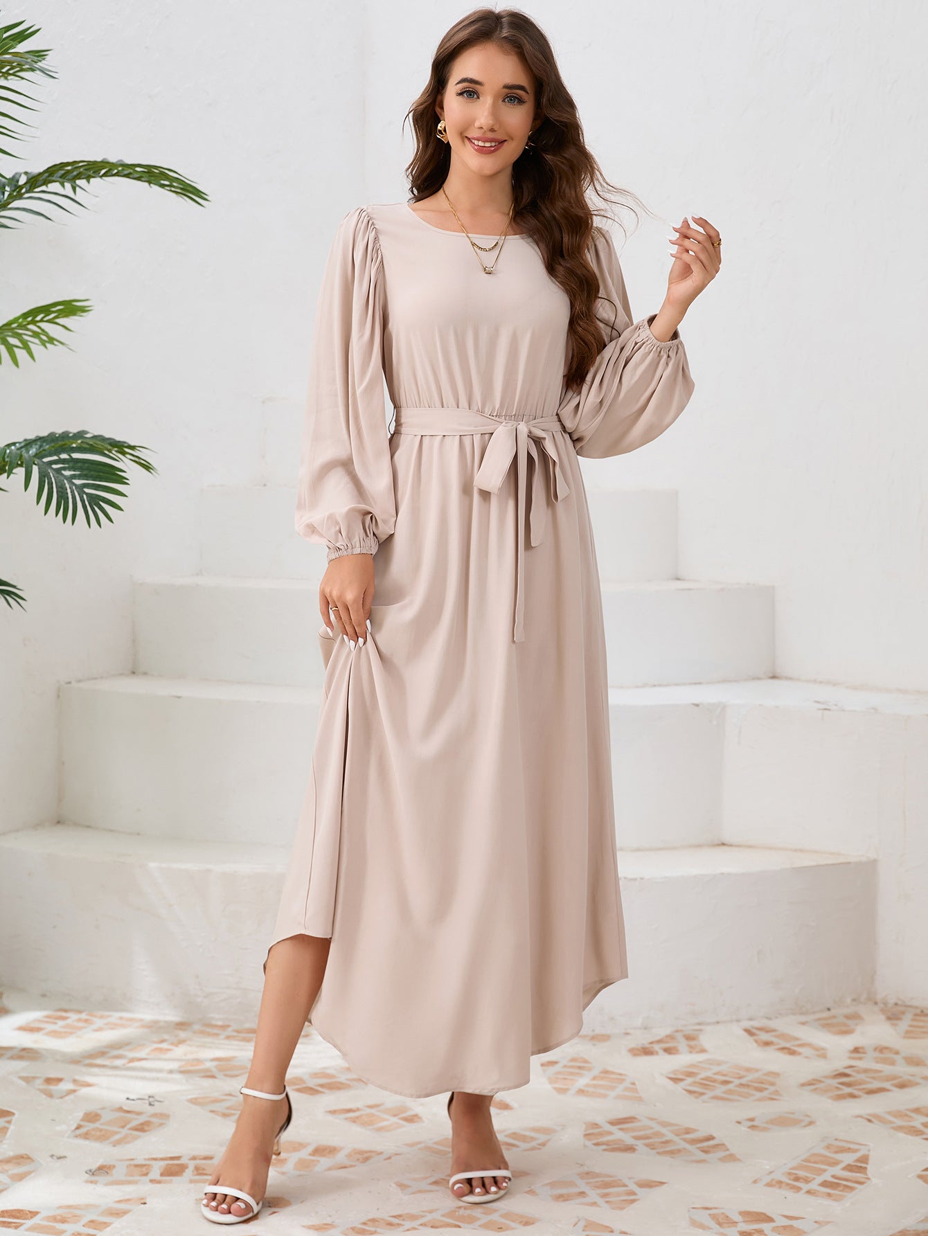 Ladies maxi dress with wide-cut sleeves and adjustable belt Ivyshape