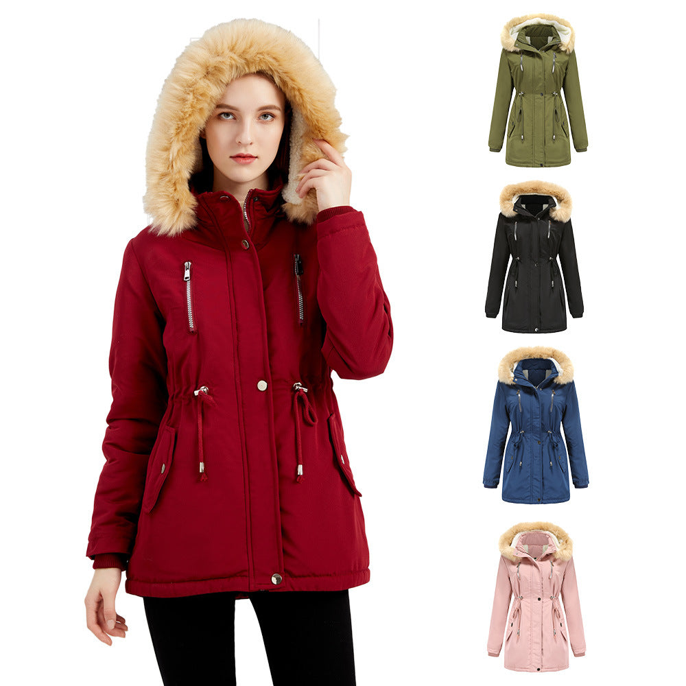 Women's fashionable outdoor jacket with removable faux fur collar and elastic waist drawstring Ivyshape