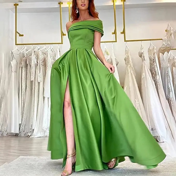 IvyShape | Sexy One-Shoulder Satin Green High-Slit Dress