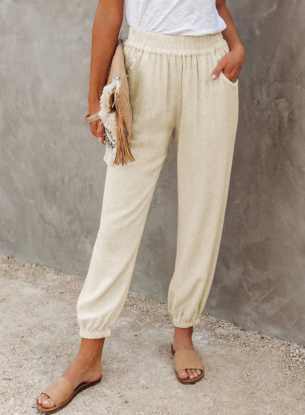 Women's casual linen pants with elastic waistband and drawstring Ivyshape
