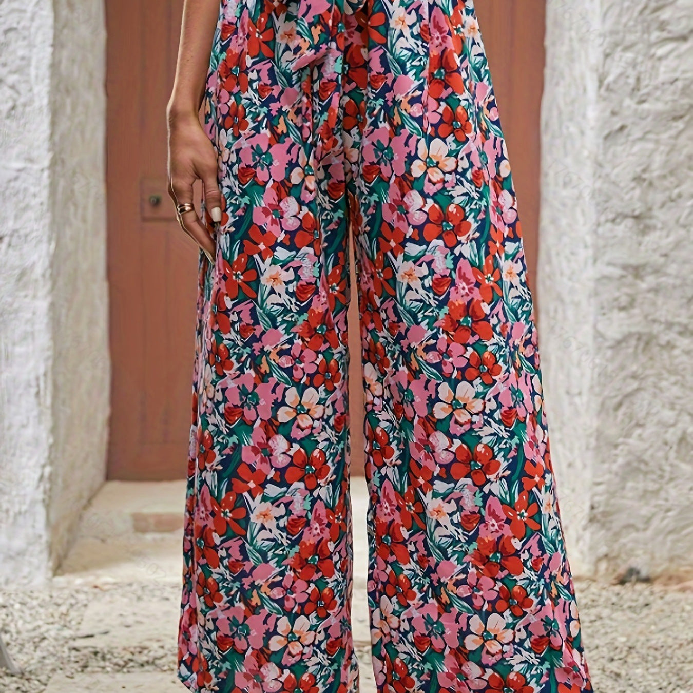 Wide women's trousers with floral print and elastic waistband Ivyshape