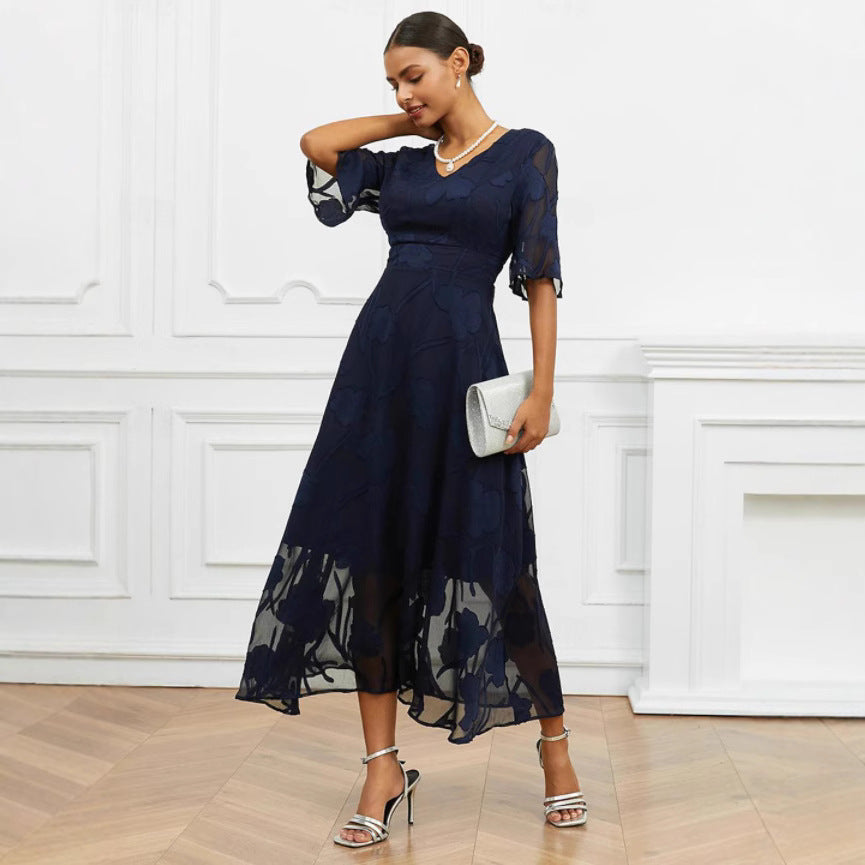 Ladies elegant midi dress with floral chiffon and V-neck Ivyshape