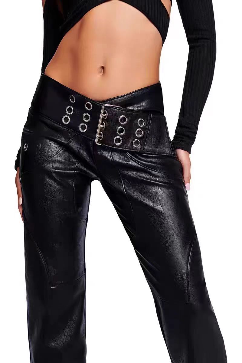 High-waisted utility pants made of faux leather for women Ivyshape