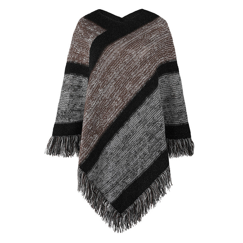 stripe knitted cape fringed cape