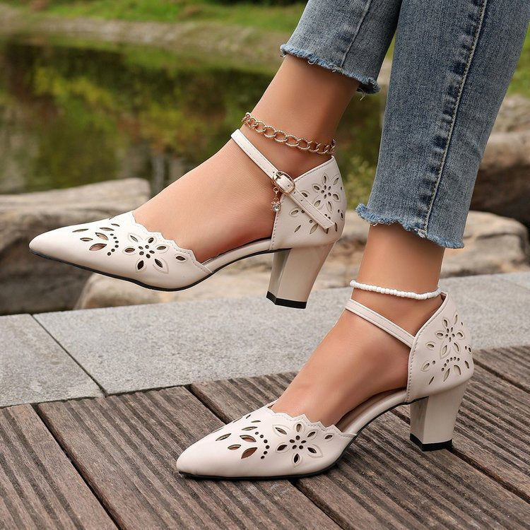 Women Elegant Pumps with Floral Cut-Out Design and Block Heel Ivyshape