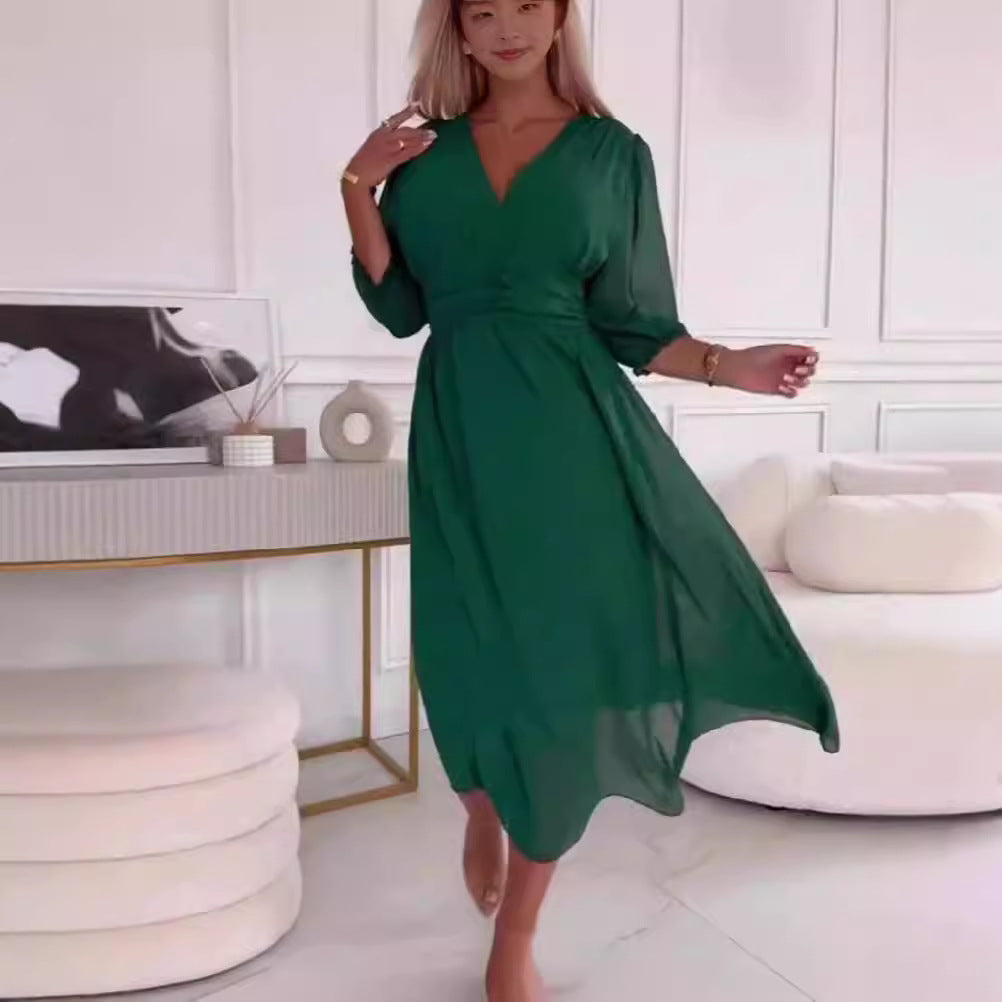 Women Elegant V-Neck Long Sleeve Maxi Dress Ivyshape