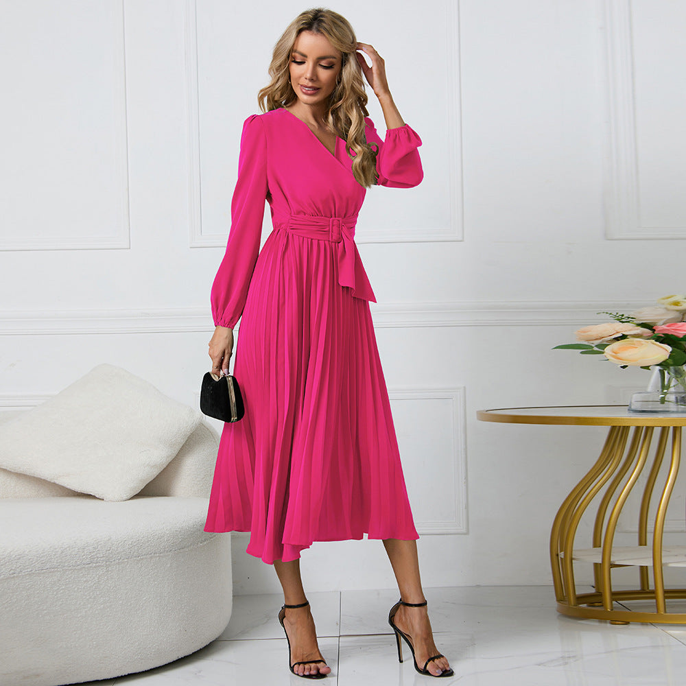 Women elegant wrap dress with pleated details and waist belt Ivyshape