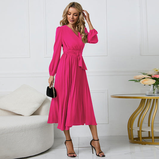 Women elegant wrap dress with pleated details and waist belt Ivyshape