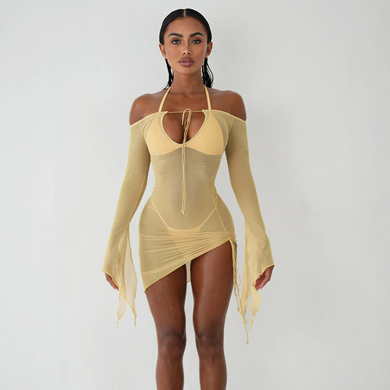 Women Elegant Swimsuit Tunic with Bow Closure and Transparent Sleeves Ivyshape