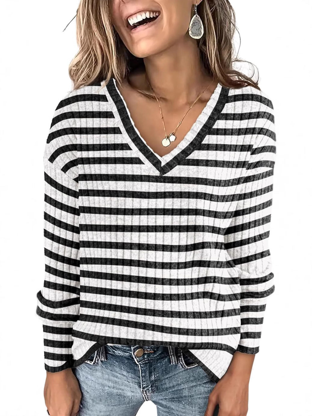 Ivyshape | Striped V-Neck Sweater