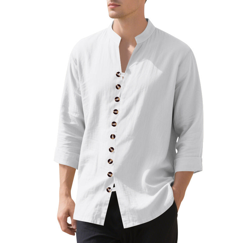 Men's stylish long-sleeve shirt with fashionable stand-up collar and unique button detail Ivyshape