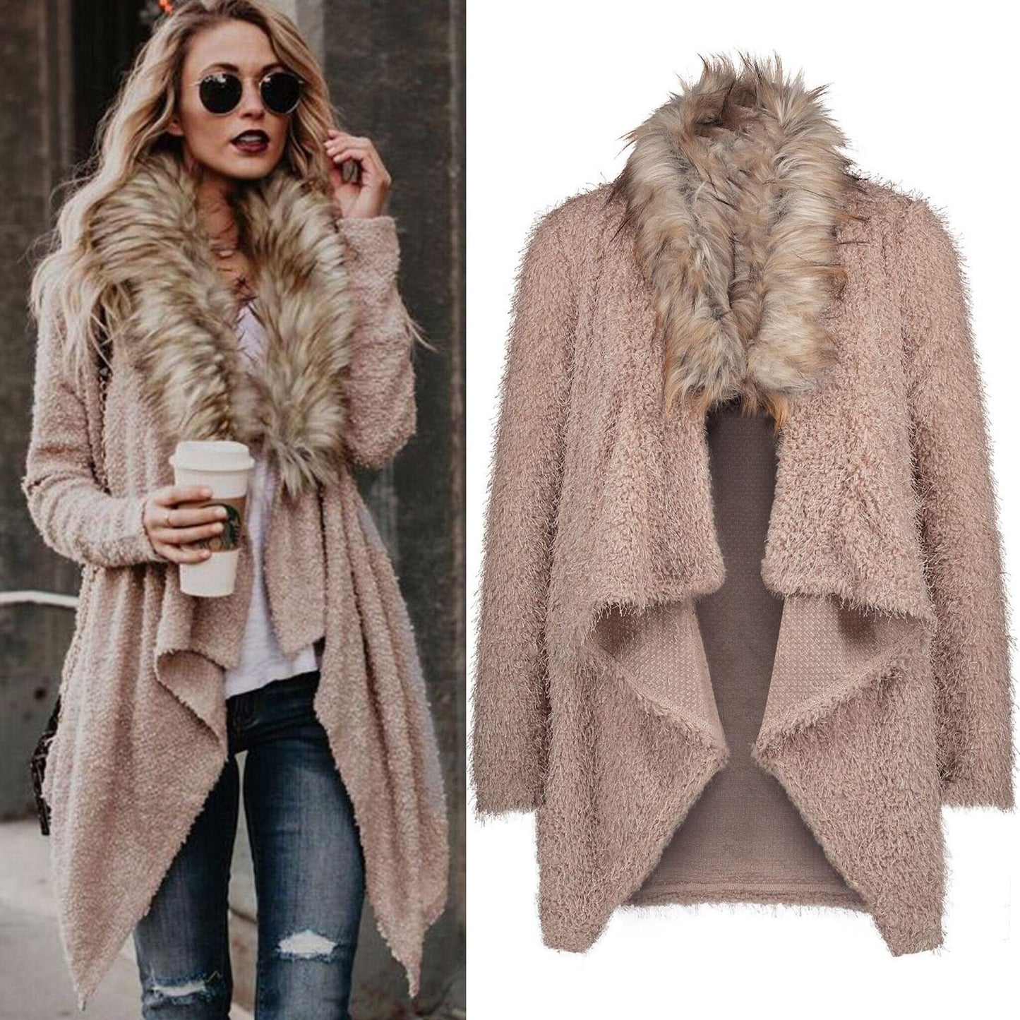 Women's Fluffy Cardigan with Removable Faux Fur Collar Ivyshape