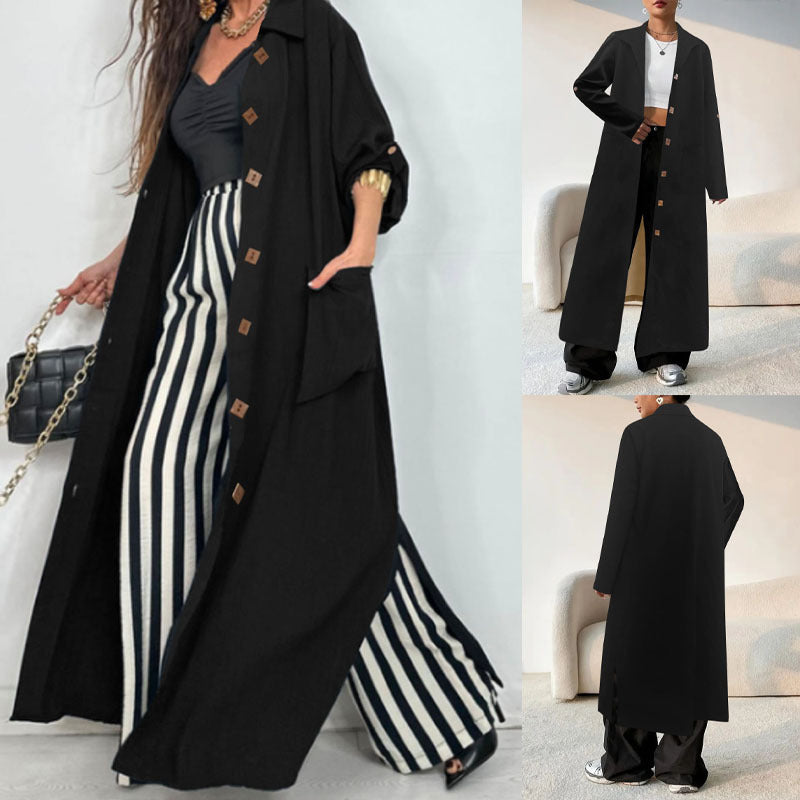 Women Fashionable Maxi Coat with Patch Pockets and Classic Button Details Ivyshape