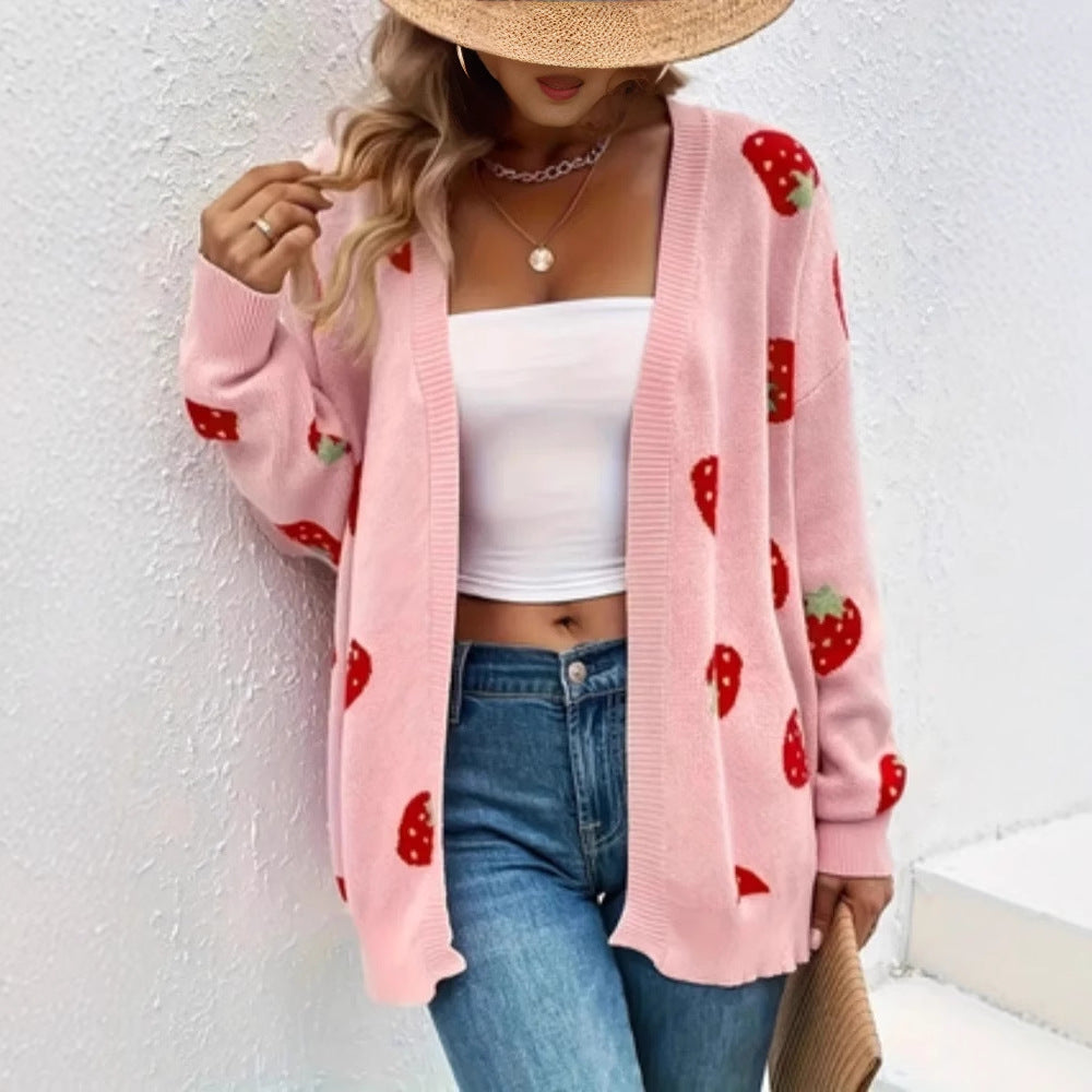 Ladies cardigan with cheerful strawberry pattern and soft material Ivyshape
