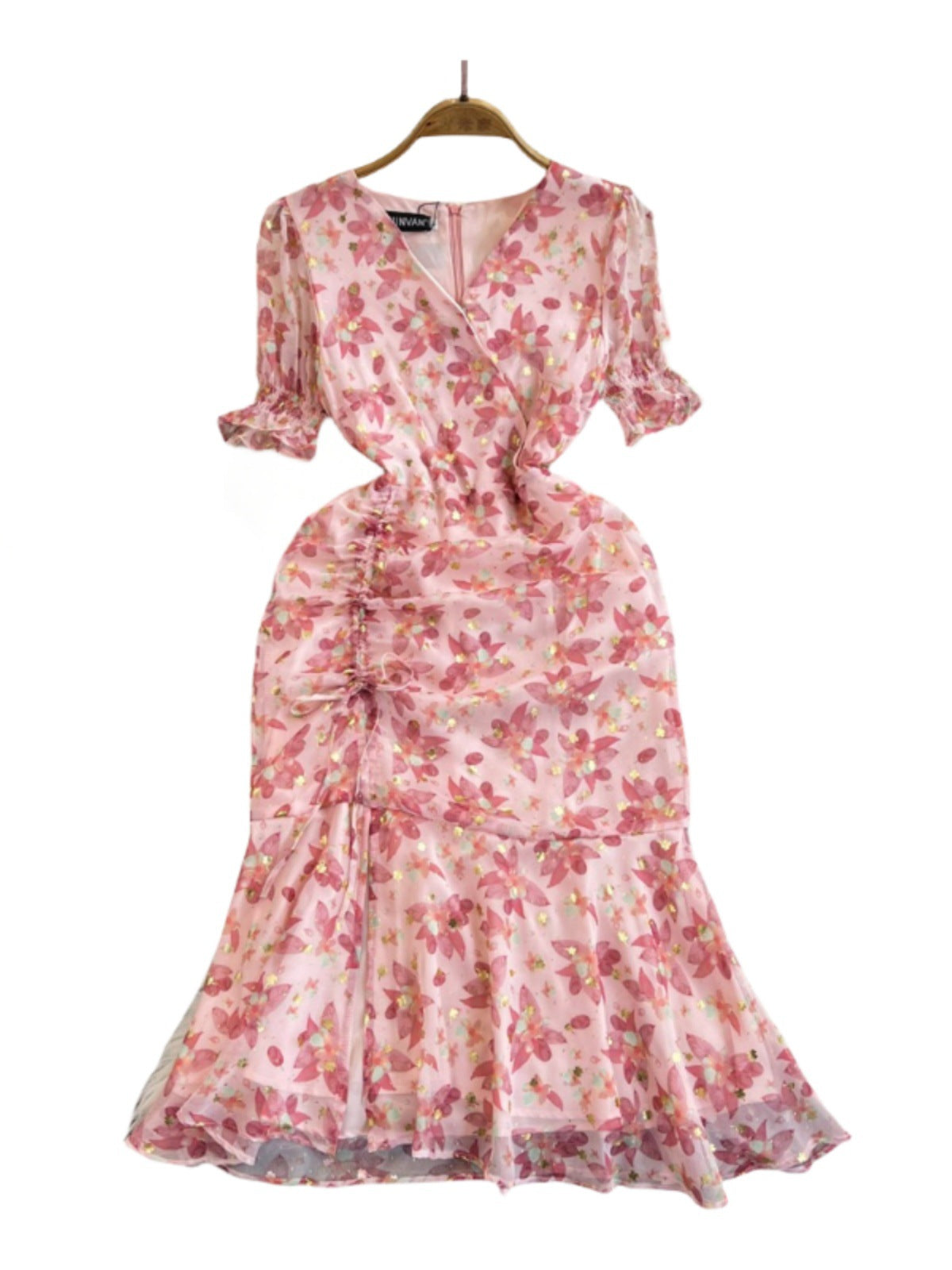 Ivyshape | Fishtail Chiffon Dress with Small Floral Pattern