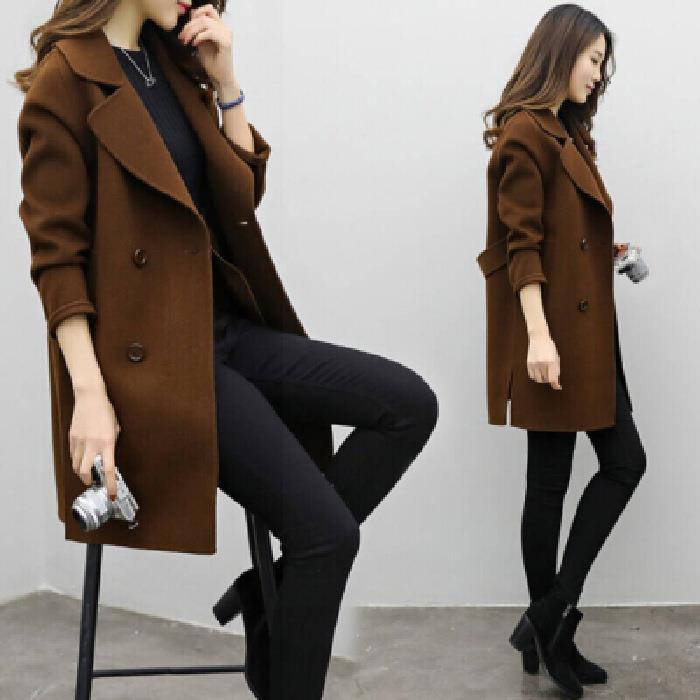 Women Elegant Wool Coat with Double Button Placket Ivyshape