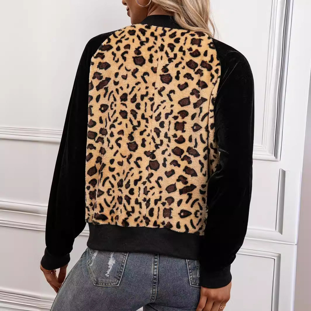 Ladies elegant bomber jacket with leopard pattern and velour trim Ivyshape