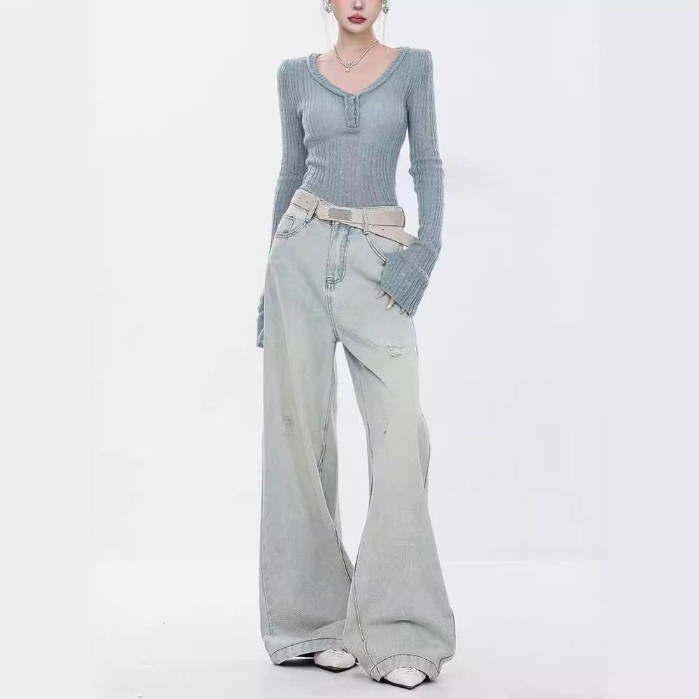 Women Elegant Wide-Leg Jeans with Fashionable Accents and High Waist Ivyshape