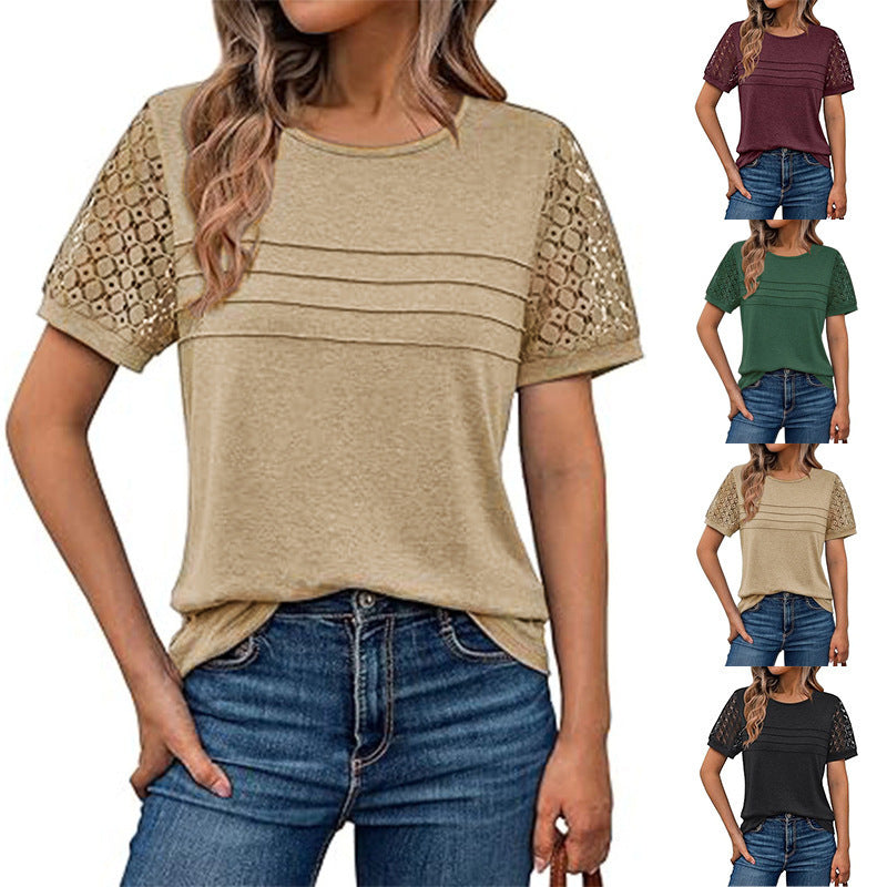 Ladies airy T-shirt with attractive crochet sleeves Ivyshape