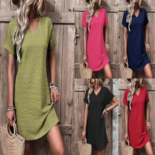 Women's V-neck Casual Linen Dress with Short Sleeves Ivyshape