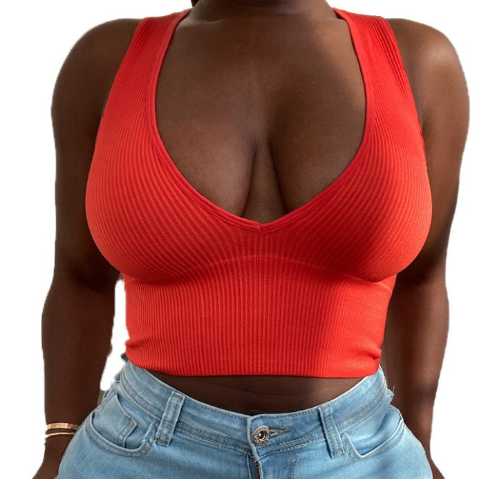Women's figure-hugging ribbed tank top with deep V-neck Ivyshape