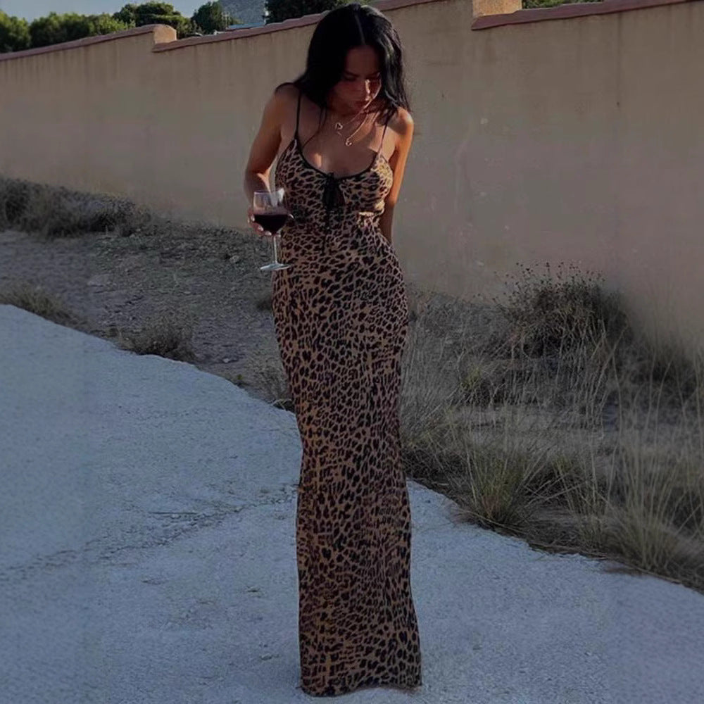 Women Figure-Hugging Leopard Print Dress with Deep V-Neck and Adjustable Straps Ivyshape