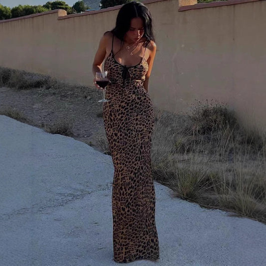 Women Figure-Hugging Leopard Print Dress with Deep V-Neck and Adjustable Straps Ivyshape