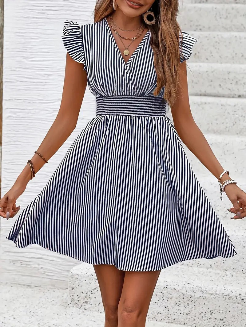 Ladies sleeveless casual dress with V-neck and ruffle details Ivyshape