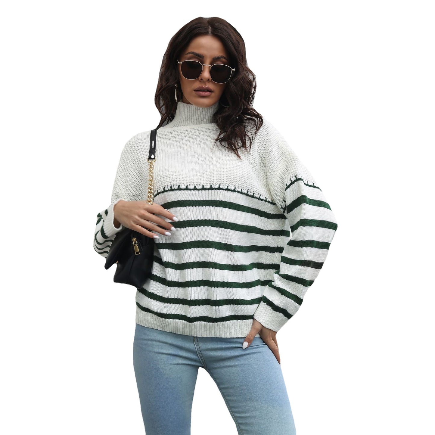 Ladies Comfortable Turtleneck Sweater with Modern Stripe Pattern Ivyshape