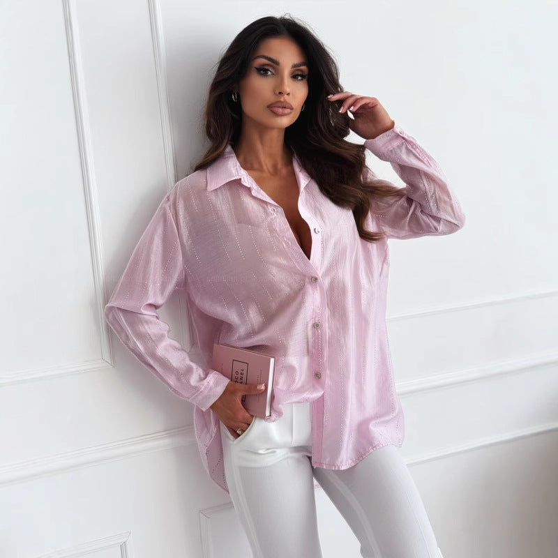 Women Oversized Shirt Blouse with Elegant Button Placket and Fine Shine Ivyshape