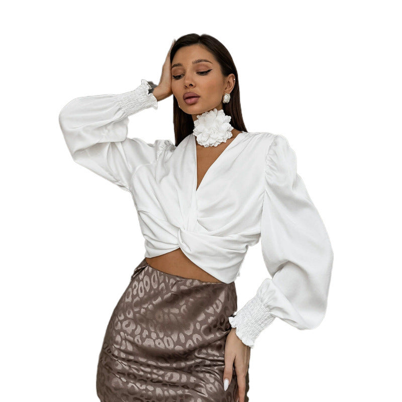 Women Elegant V-Neck Twisted Blouse with Ruffle Seams Ivyshape