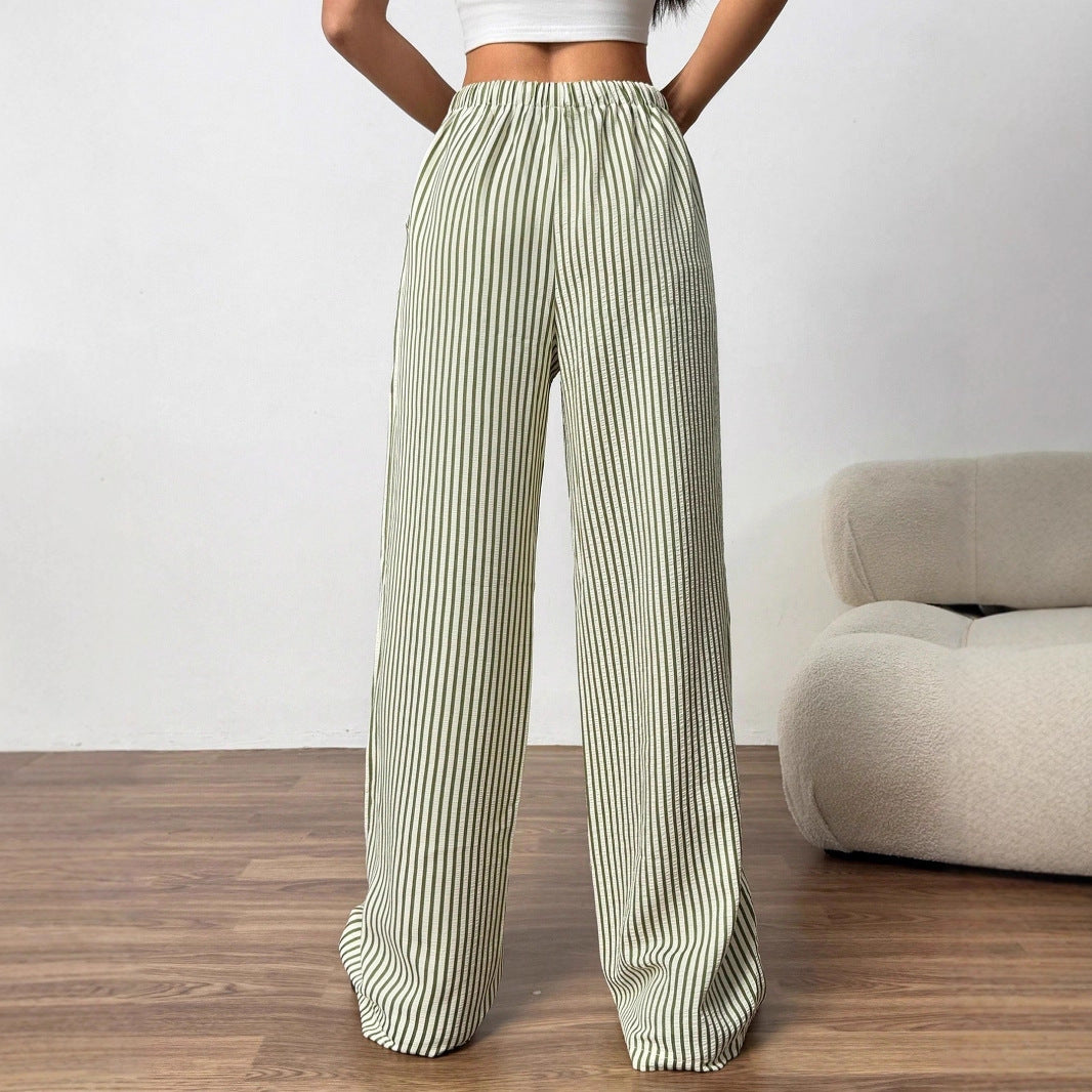 Women's Wide Cut Striped Trousers with Elastic Waistband and Tie Ivyshape
