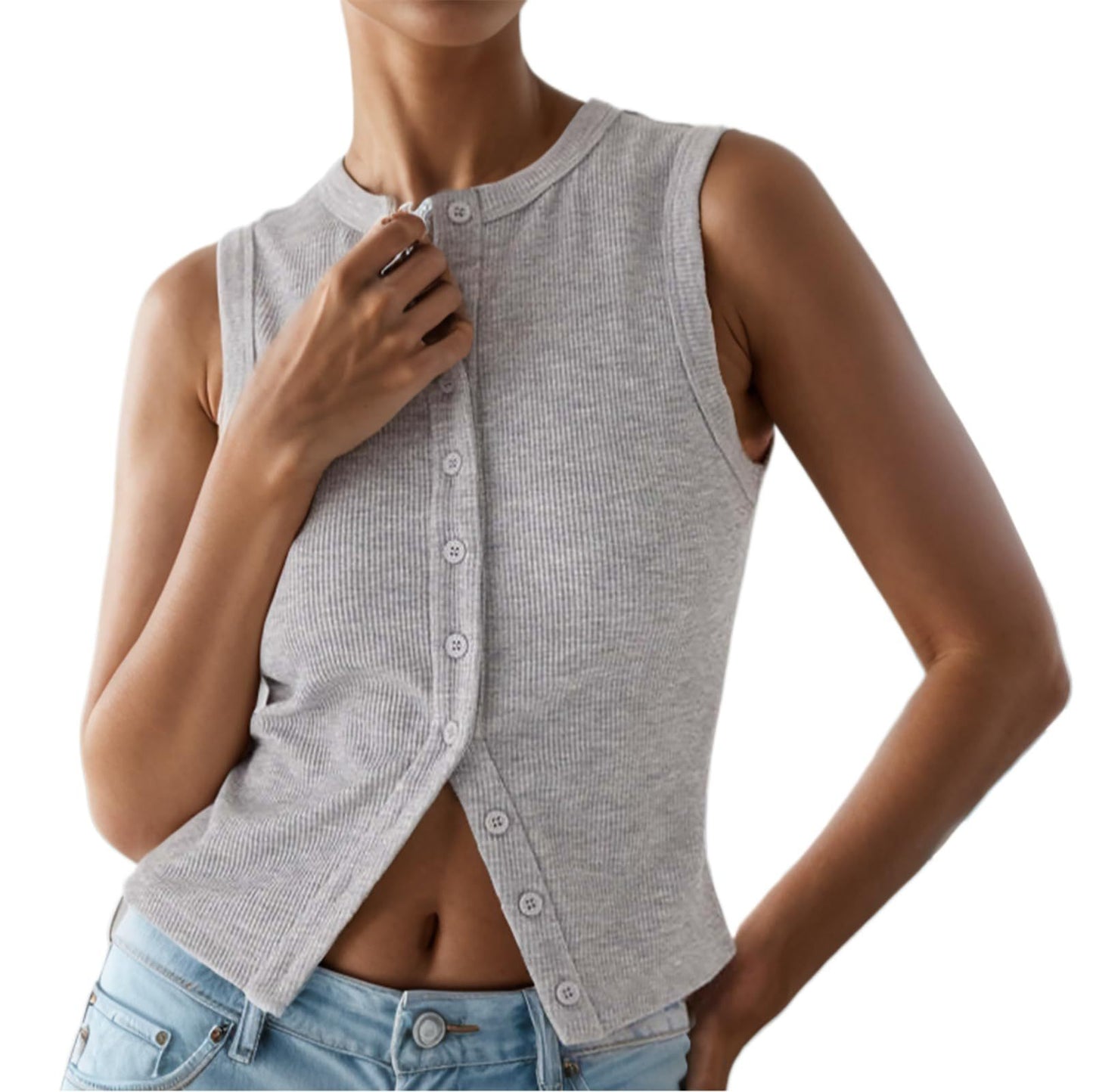 Ladies Short Sleeve Ribbed Knit Top with Button Placket Ivyshape