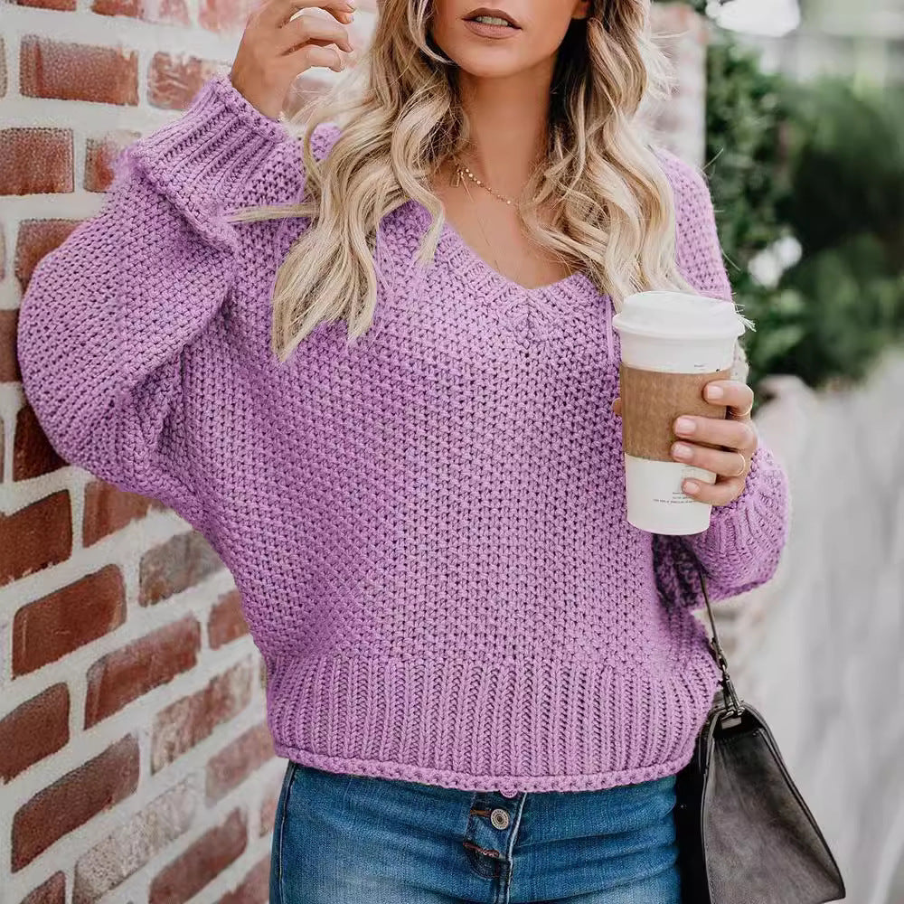 Women's casual V-neck sweater with a loose fit and textured knit Ivyshape