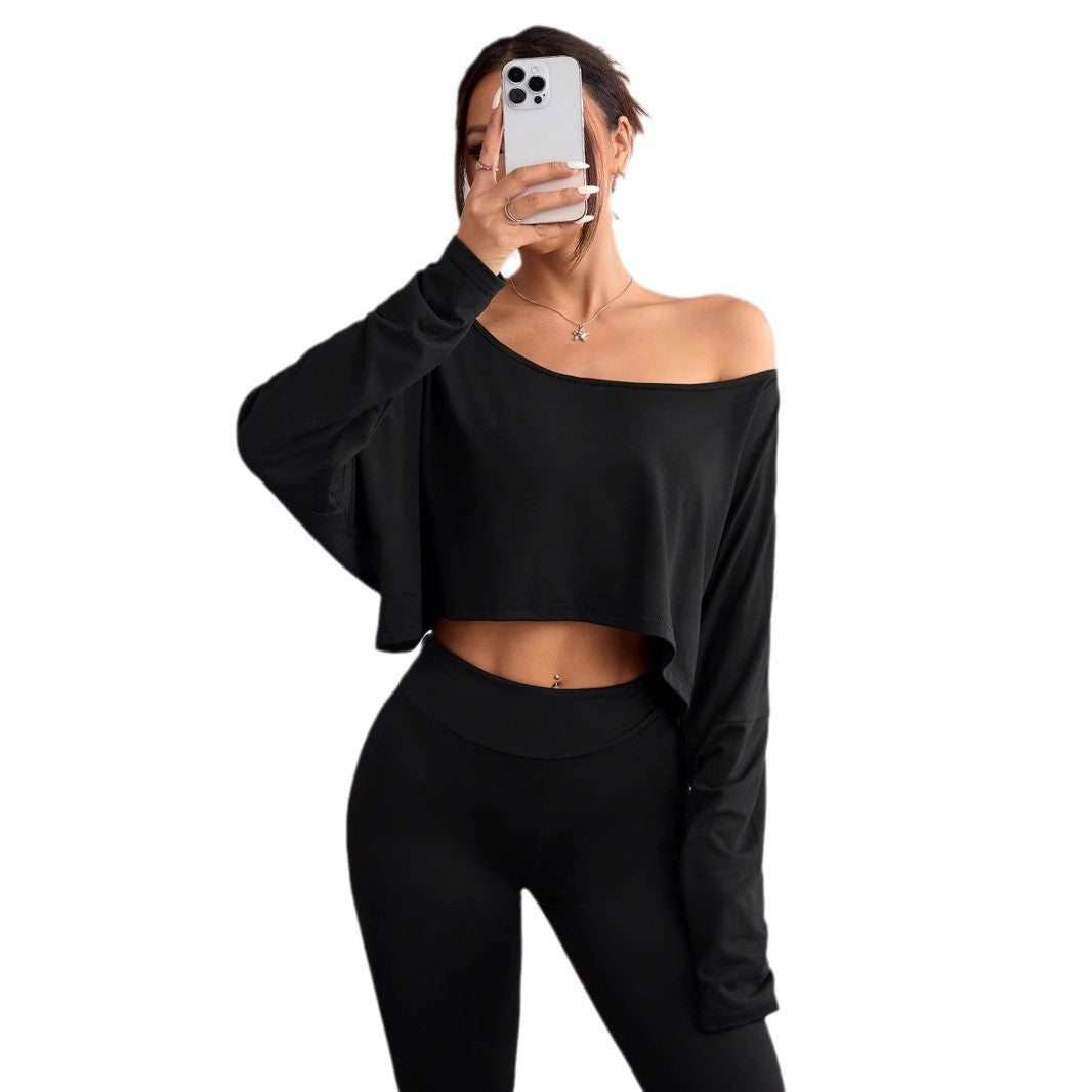 Women's casual oversized long-sleeve shirt with asymmetrical hem and boat neckline Ivyshape