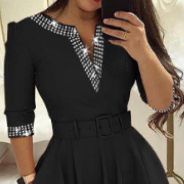 Women Elegant Wrap Dress with Grid Pattern and Waist Belt Ivyshape