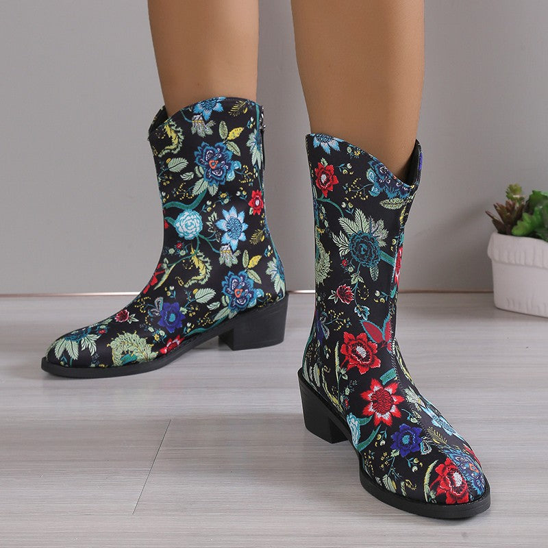 Ladies' fashionable mid-cut boots with floral patterns and comfortable block heel Ivyshape
