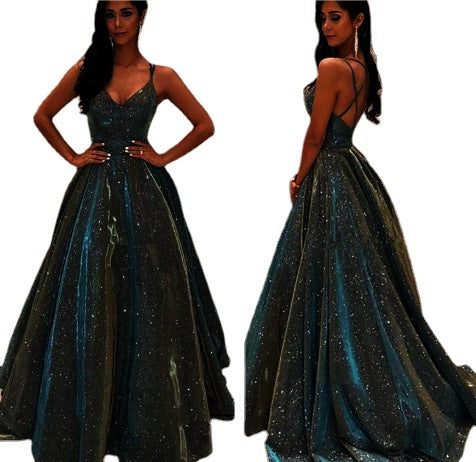 Ivyshape | Women's Spaghetti Strap V-Neck A-Line Glitter Maxi Ball Gown