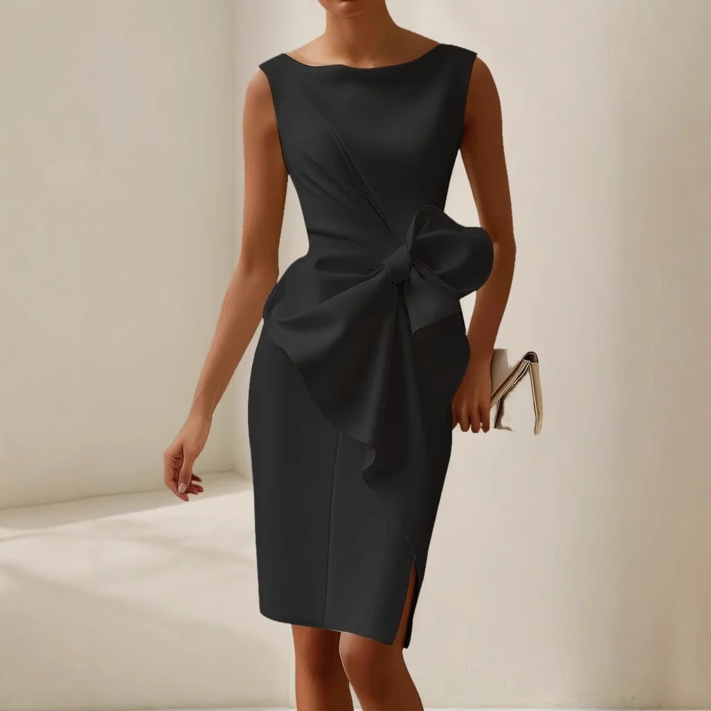 Women Elegant Slim Midi Dress with Bow Detail Ivyshape