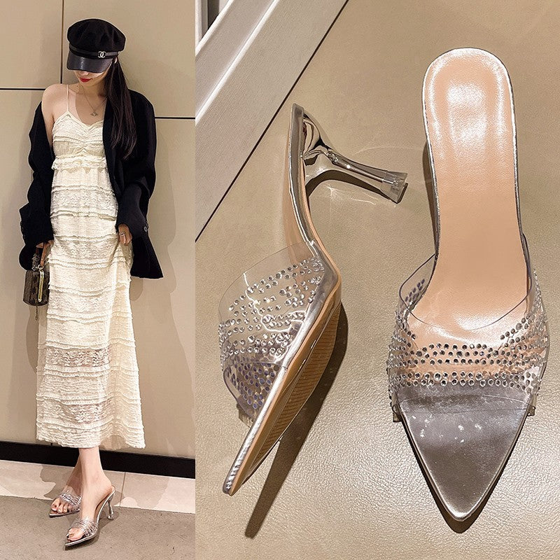 Women Glittering Mules with Transparent Upper Material and Elegant Accents Ivyshape