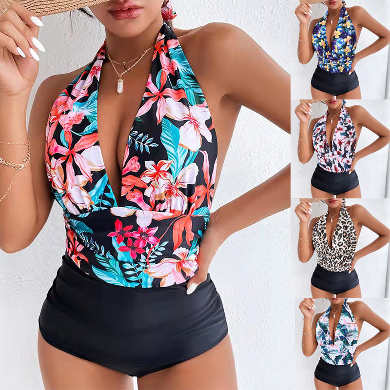 Women's One-Piece Swimsuit with Fresh Floral Pattern and High Cut Ivyshape