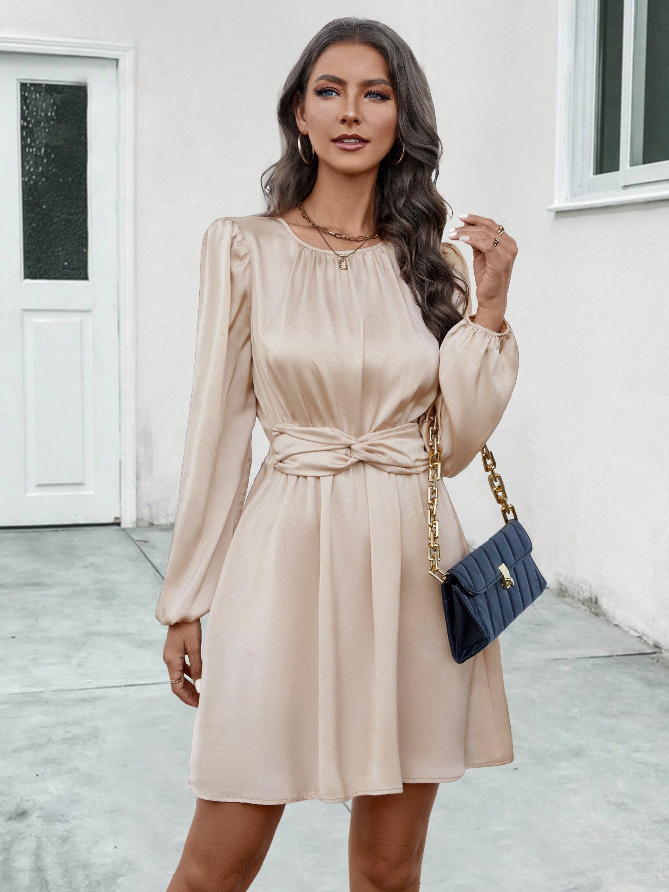 Women elegant wrap dress with deep V-neck and elastic waistband Ivyshape