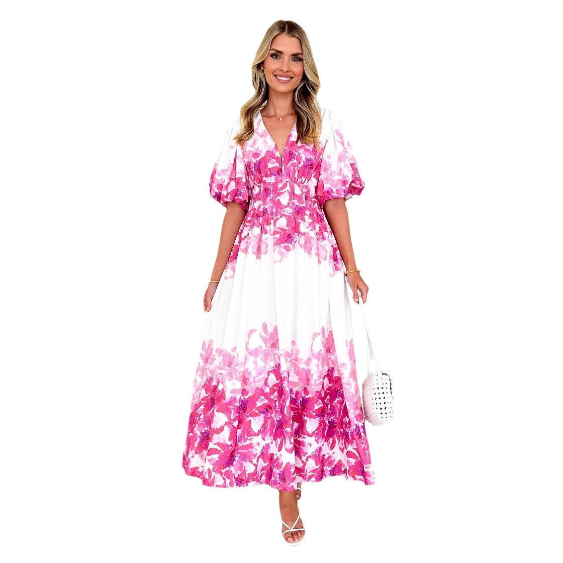 Women's maxi dress with original puffy sleeves and deep V-neck Ivyshape
