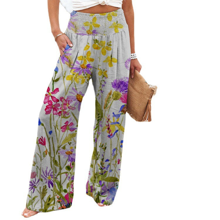 Women's Wide Summer Trousers with Floral Designs and Elastic Waistband Ivyshape