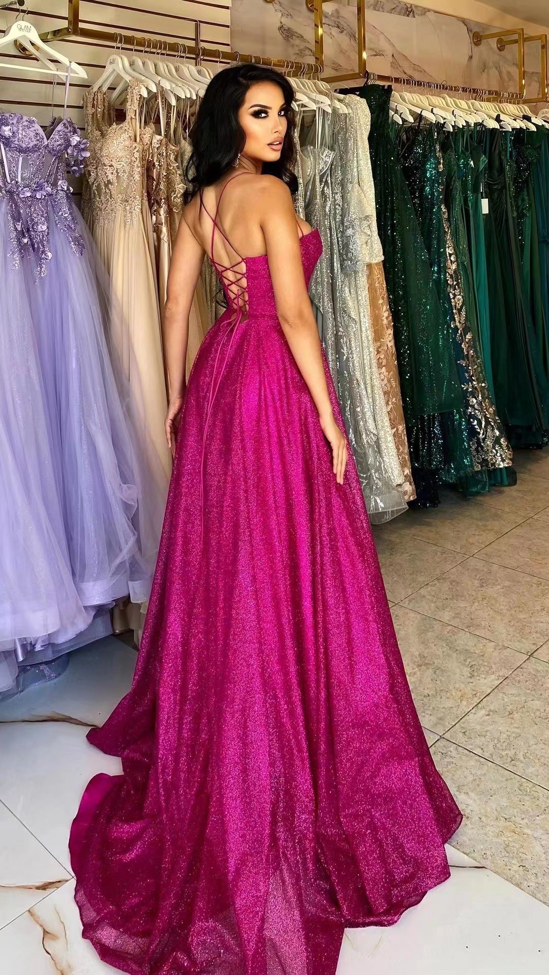 Women's Glamorous Evening Dress with Deep Back Cut and Glittering Fabric Ivyshape