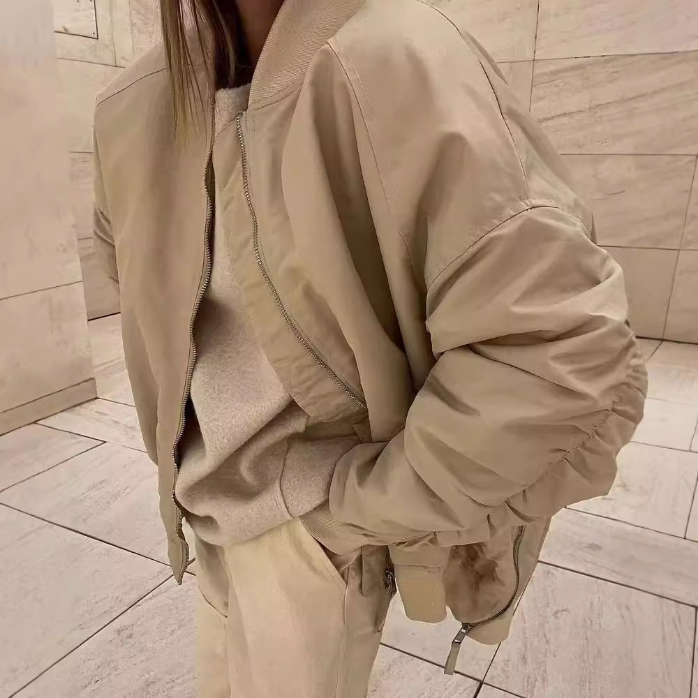 Women's Casual Oversized Bomber Jacket with Practical Side Pockets and Stand Collar Ivyshape