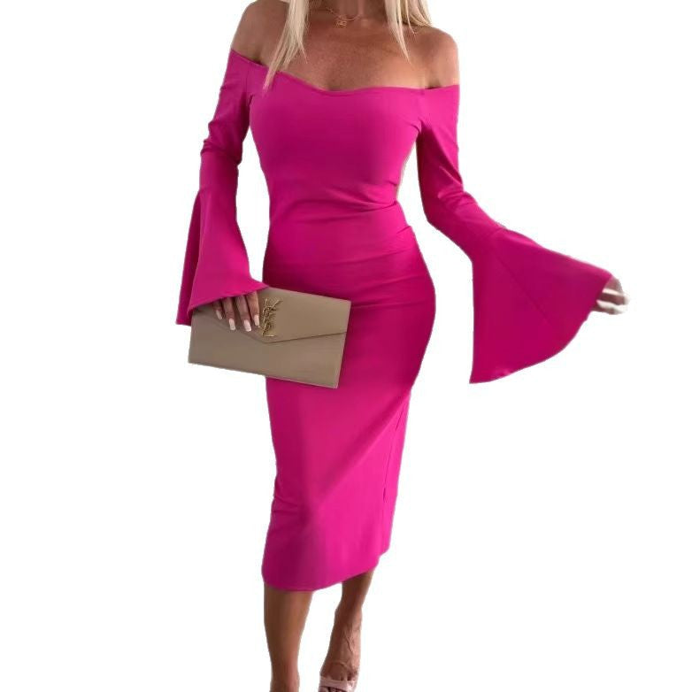 Women's Off-Shoulder Bodycon Midi Dress with Flared Sleeves Ivyshape